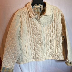 LL Bean quilted jacket XL petite ivory on outside with blue/tan plain lining